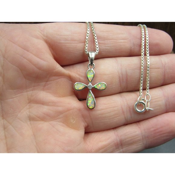 20" Sterling Silver Small Opal Cross Pendant Necklace Vintage Minimalist - Picture 2 of 7